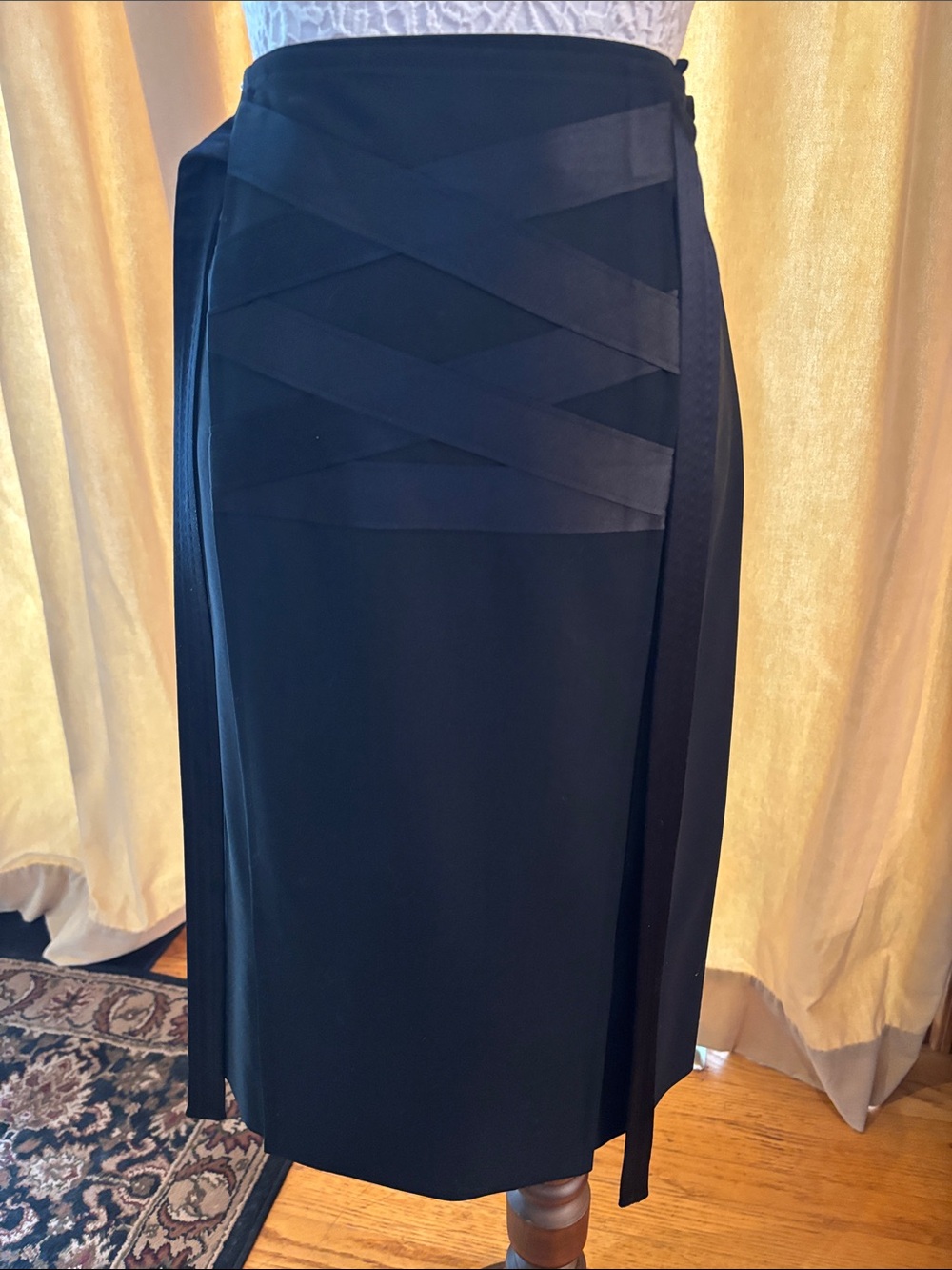 Classic Yves Saint Laurent rive gauch Black Pencil Skirt with Satin Strap Detail